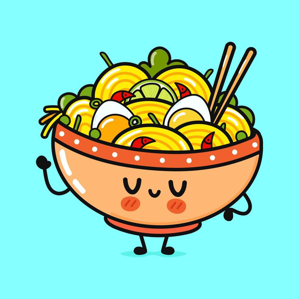 Cute funny ramen bowl waving hand. Vector hand drawn cartoon kawaii character illustration icon. Isolated on blue background. Ramen bowl character concept