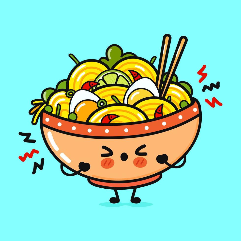 Cute angry ramen bowl character. Vector hand drawn cartoon kawaii character illustration icon. Isolated on blue background. Sad ramen bowl character concept