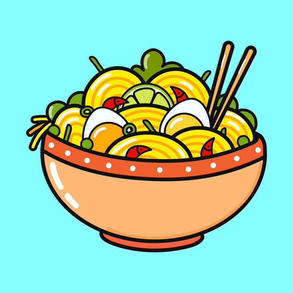 Cute funny ramen bowl. Vector hand drawn cartoon kawaii character illustration icon. Isolated on blue background. Ramen bowl character concept