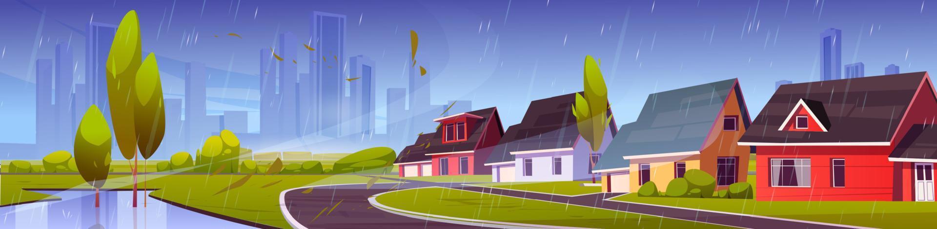 Suburb district with houses in rain vector
