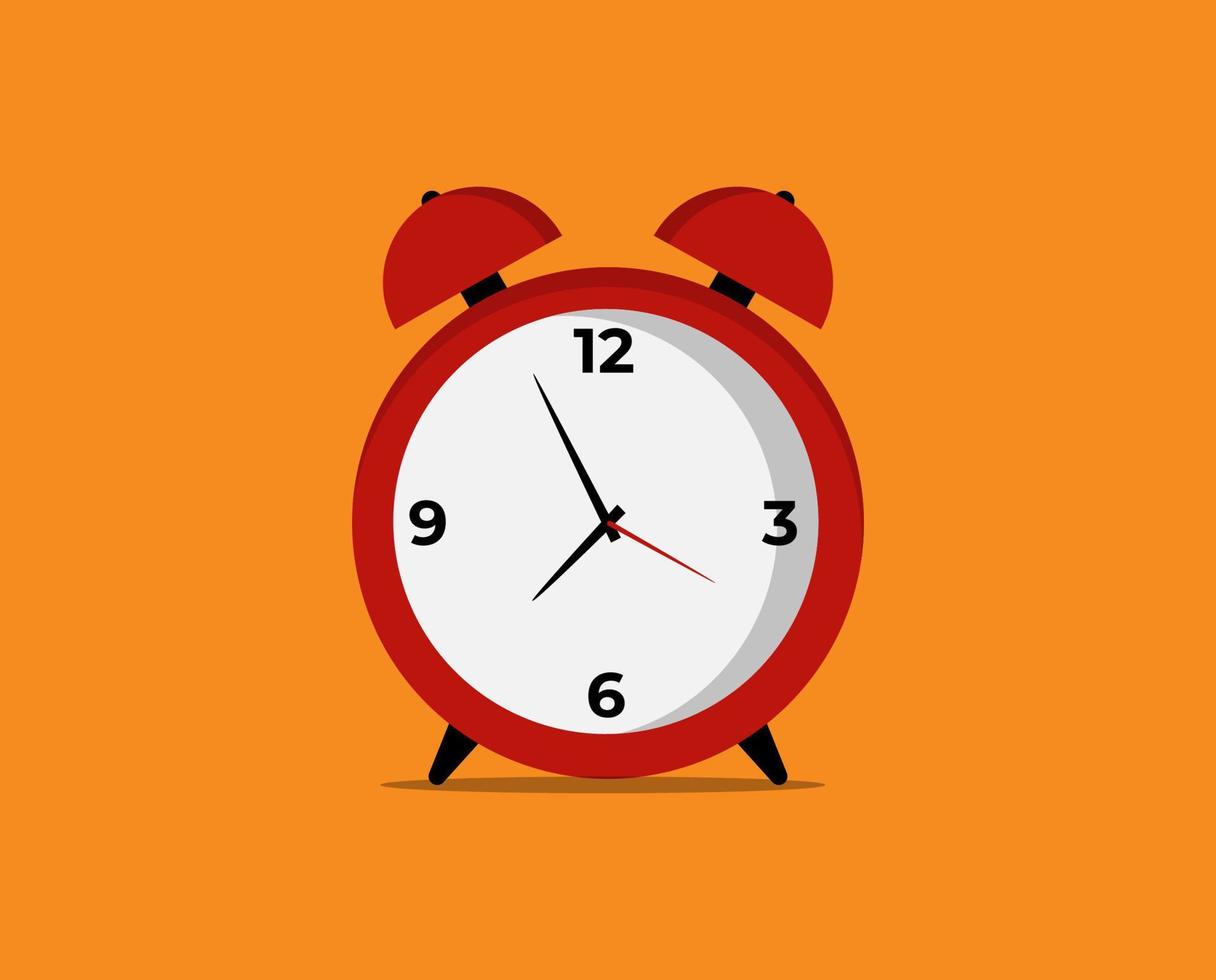 The alarm clock's red wake-up time is isolated on yellow background in a flat style. Vector illustration