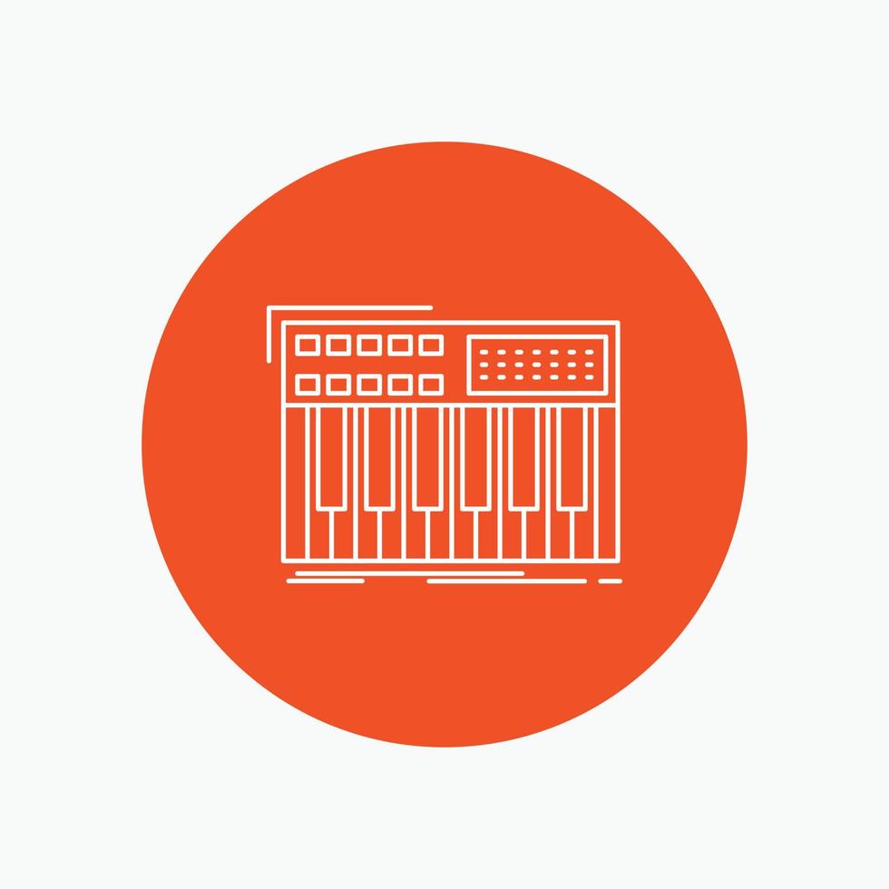 synth. keyboard. midi. synthesiser. synthesizer White Line Icon in Circle background. vector icon illustration