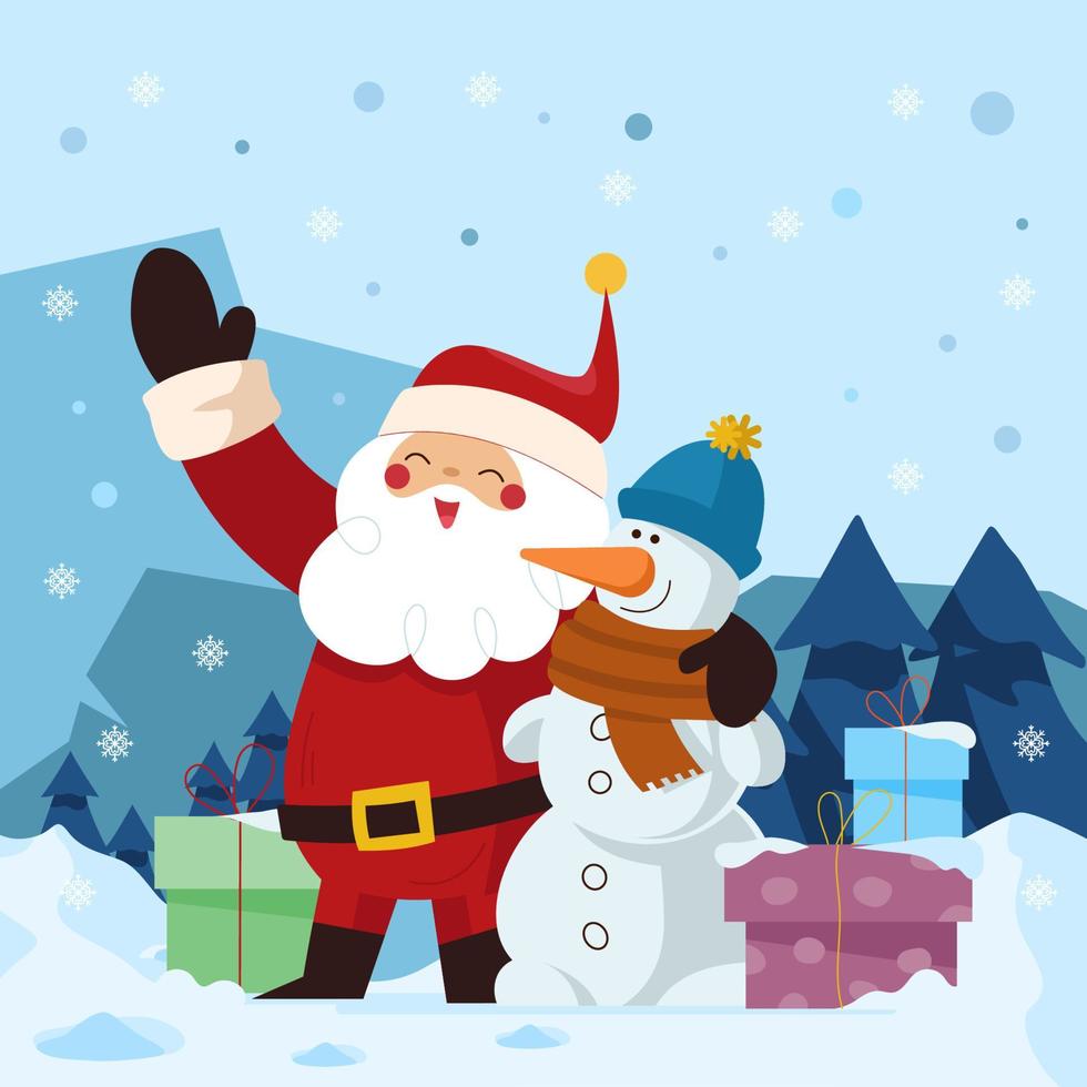 Santa Claus And Snowman With Presents Concept vector