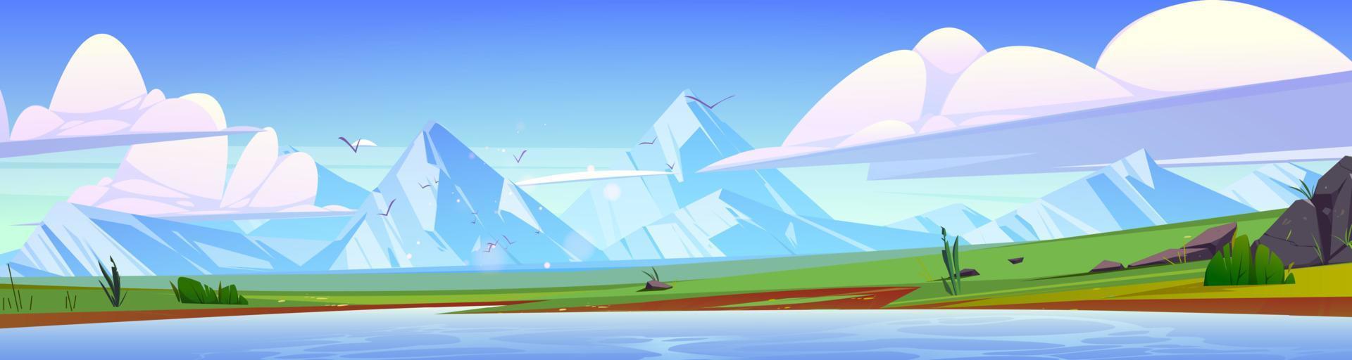 Summer landscape with lake, fields and mountains vector