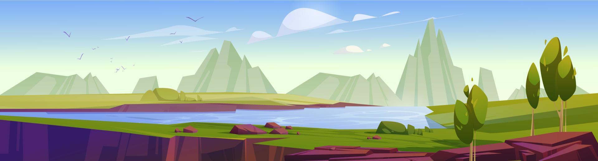 paisaje de valle de montaña con río y árboles vector