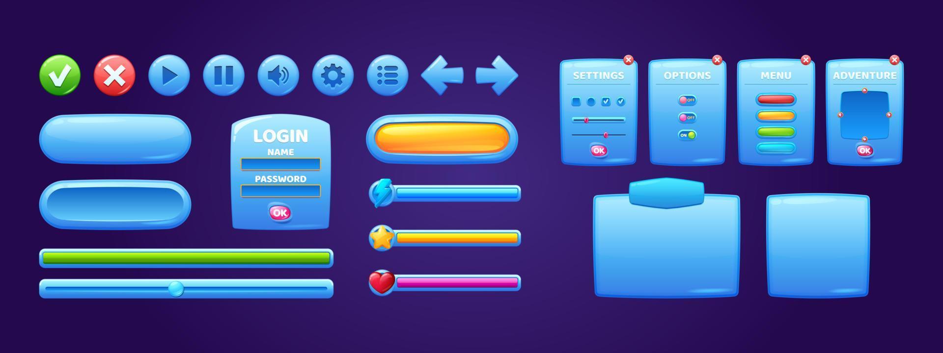 Game menu interface windows, cartoon options set vector