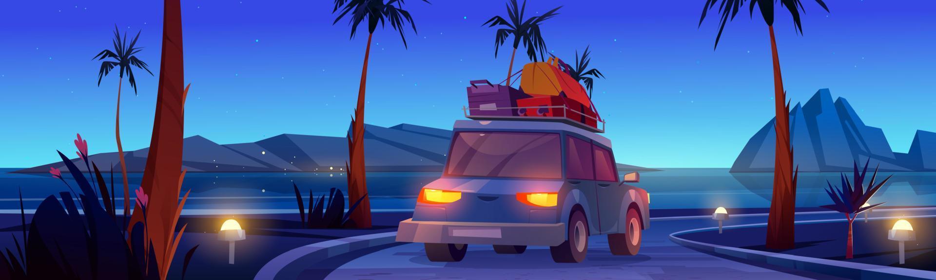 Car drive on road on sea beach at night vector