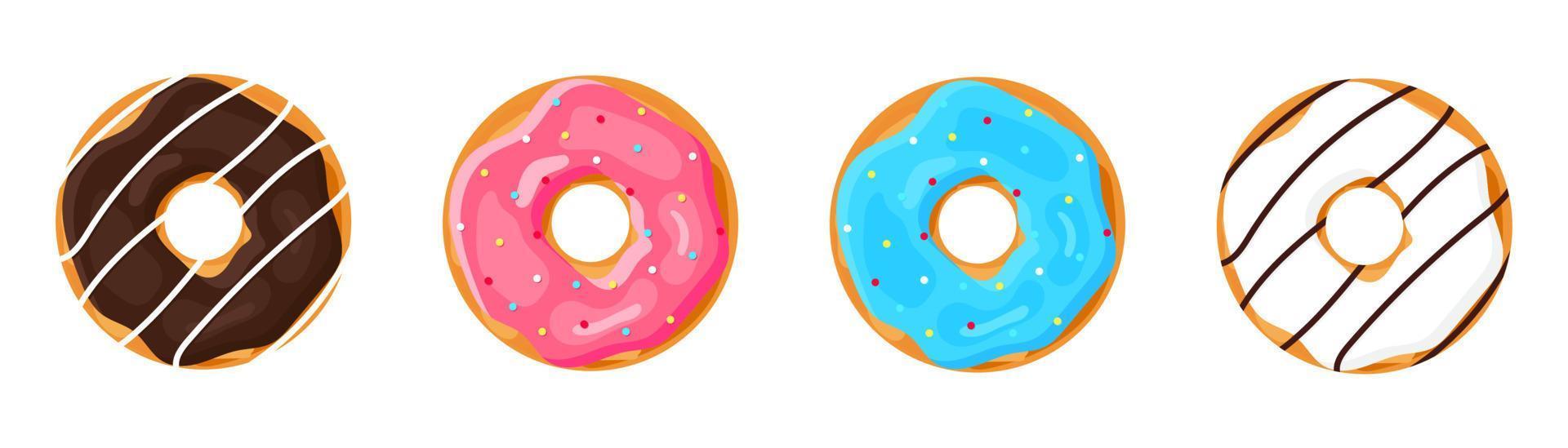 conjunto de rosquillas de colores vectoriales. rosquillas dulces de azúcar glas. tiempo de descanso con donuts de chocolate blanco y negro, rosa y azul en la parte superior. ilustración vectorial aislado sobre fondo blanco vector