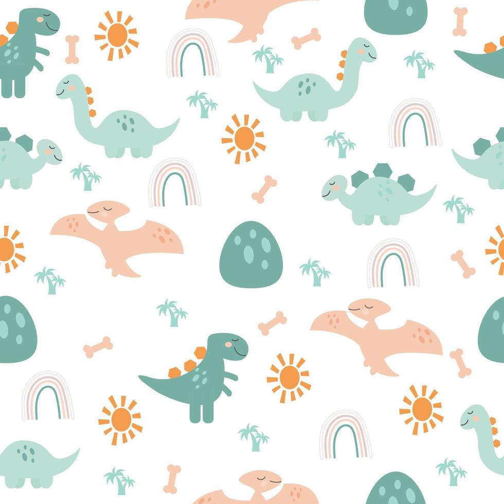 Cartoon boho seamless dinosaur pattern. Vector illustration