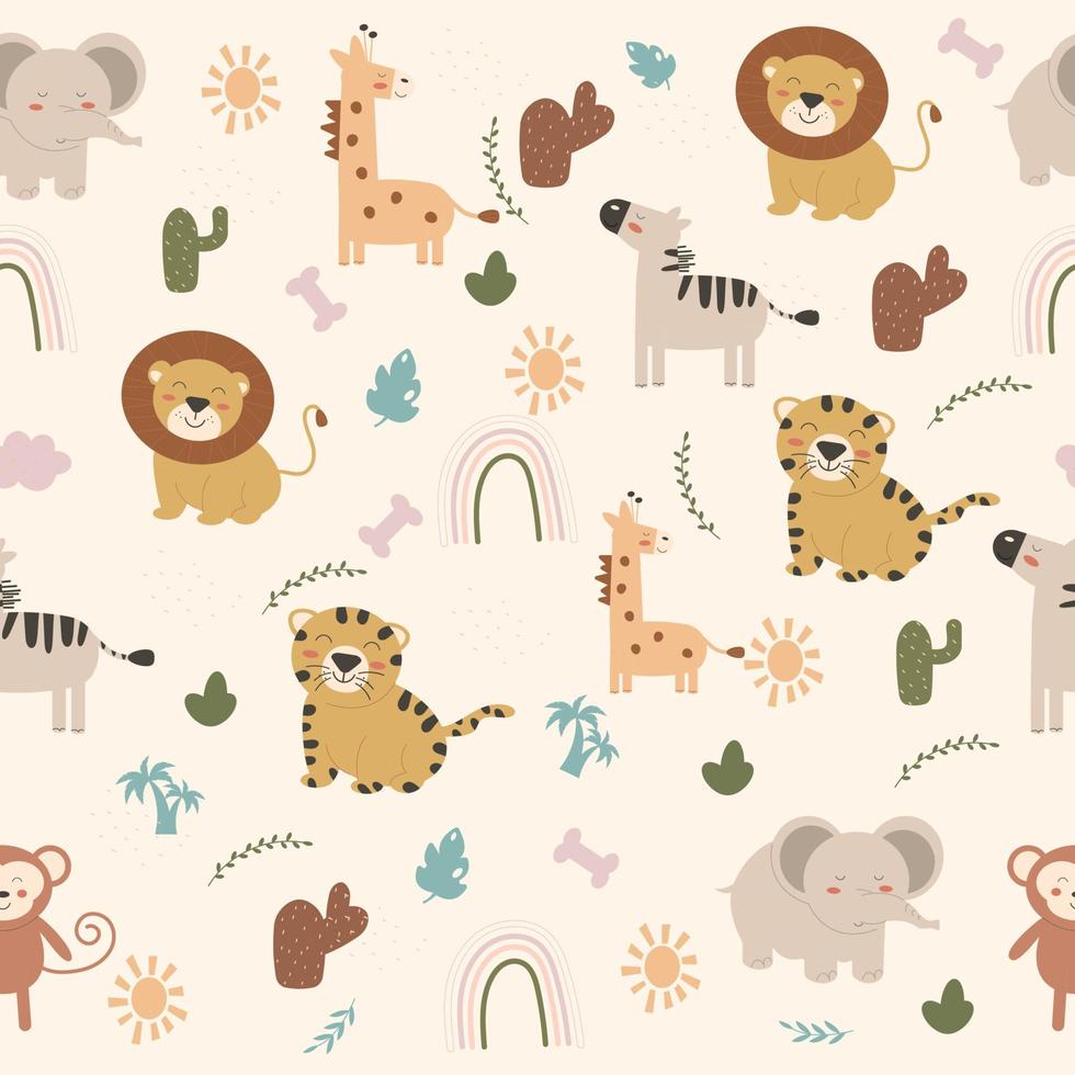 Seamless child's pattern of animals in boho style. Vector illustration