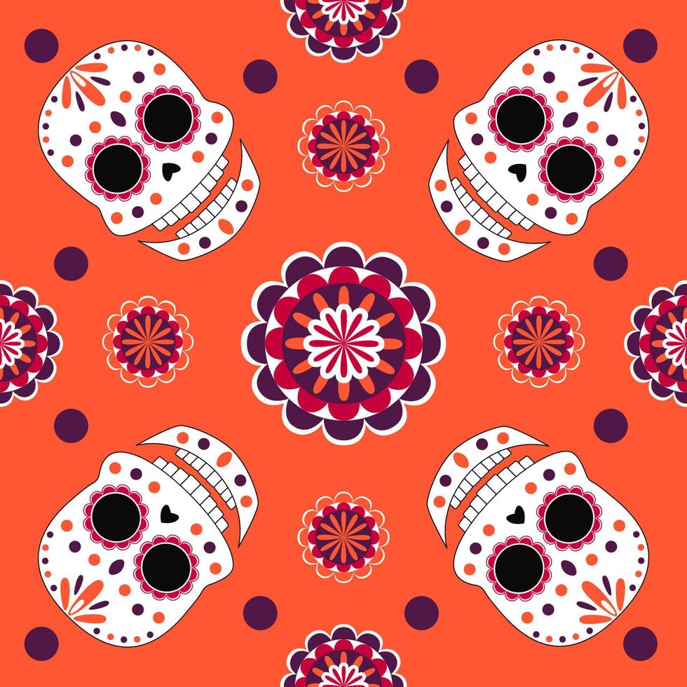 Vector seamless pattern with colorful skull and flowers. Elements for dia de muertos and halloween design. Repeated cartoon elements for autumn holiday