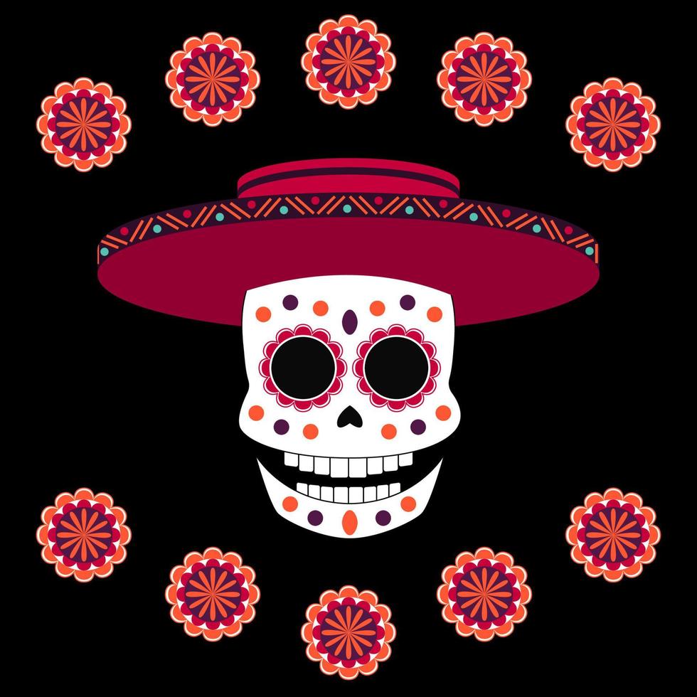 Vector colorful flat skull with bright flowers around in cartoon style on the black background. Elements for dia de muertos and halloween banners, designs and games.