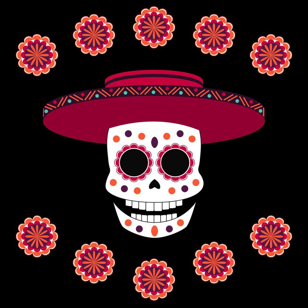 Vector colorful flat skull with bright flowers around in cartoon style on the black background. Elements for dia de muertos and halloween banners, designs and games.