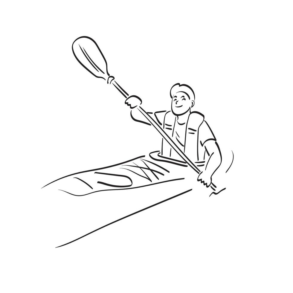 hombre kayak o canoa en un lago con sonrisa ilustración vector dibujado a mano aislado en el arte de línea de fondo blanco.