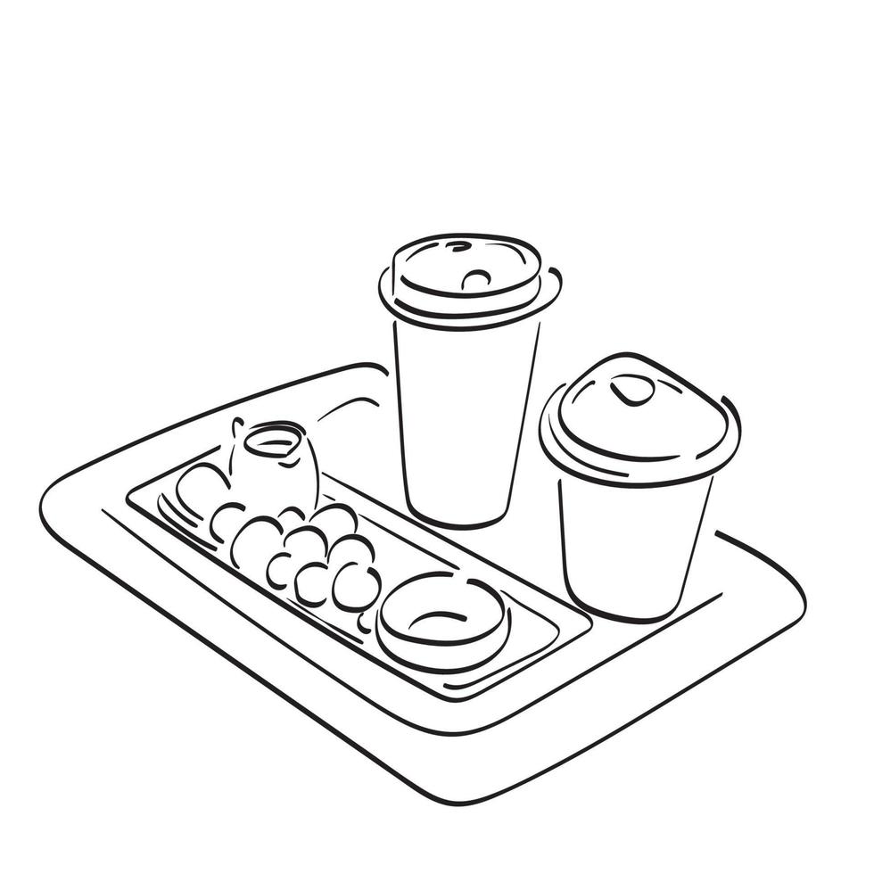café helado con dulce en la bandeja de madera ilustración vector dibujado a mano aislado en el arte de línea de fondo blanco.