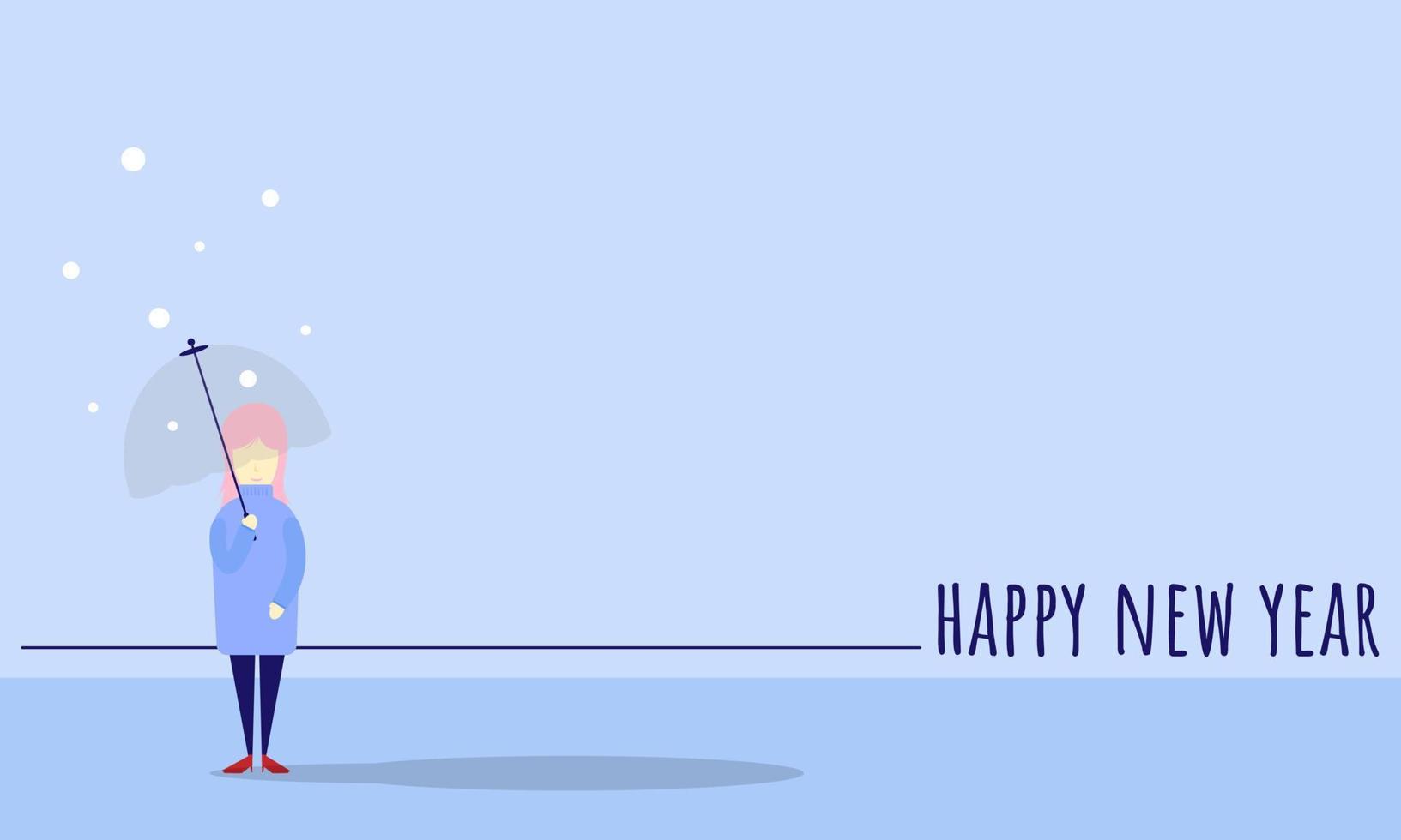 Happy new year background and copy space area with umbrella girl in the snow vector