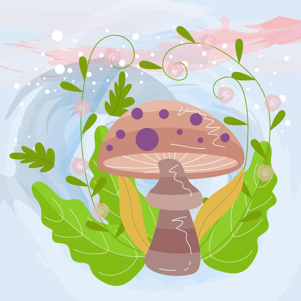 mushroom character on leaf and flower plant background vector