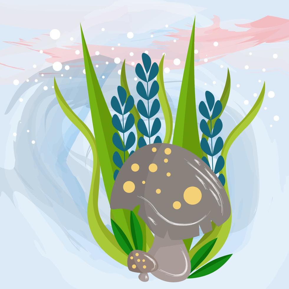 mushroom character on leaf and flower plant background vector