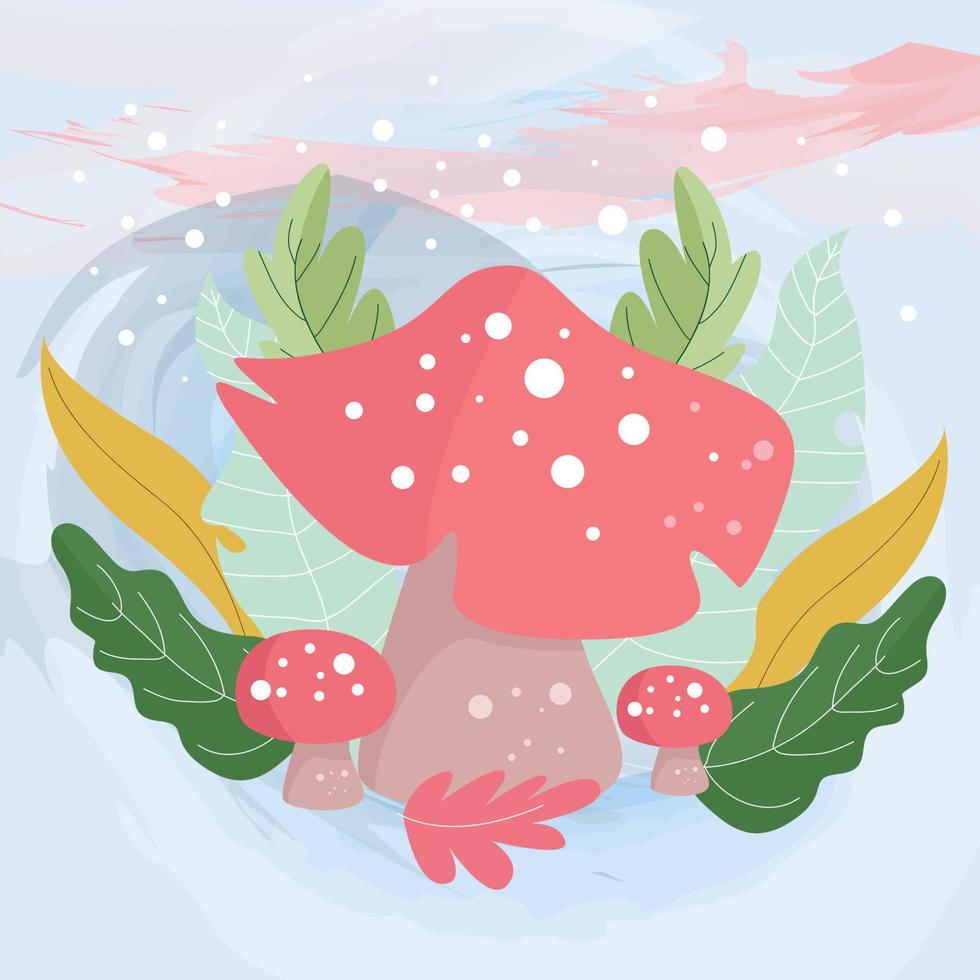 mushroom character on leaf and flower plant background vector