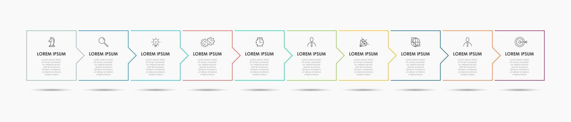 Business Infographics template. Timeline with 10 steps, options and marketing icons .Vector linear infographic with two circle conected elements. Can be use for presentation. vector