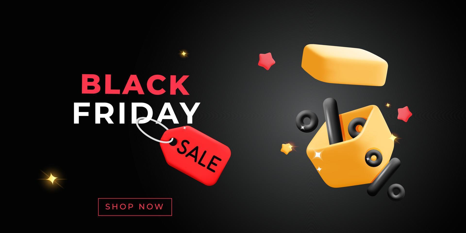 3d vector Black Friday Sale promo banner with gift box, percent sign and discount label tag design