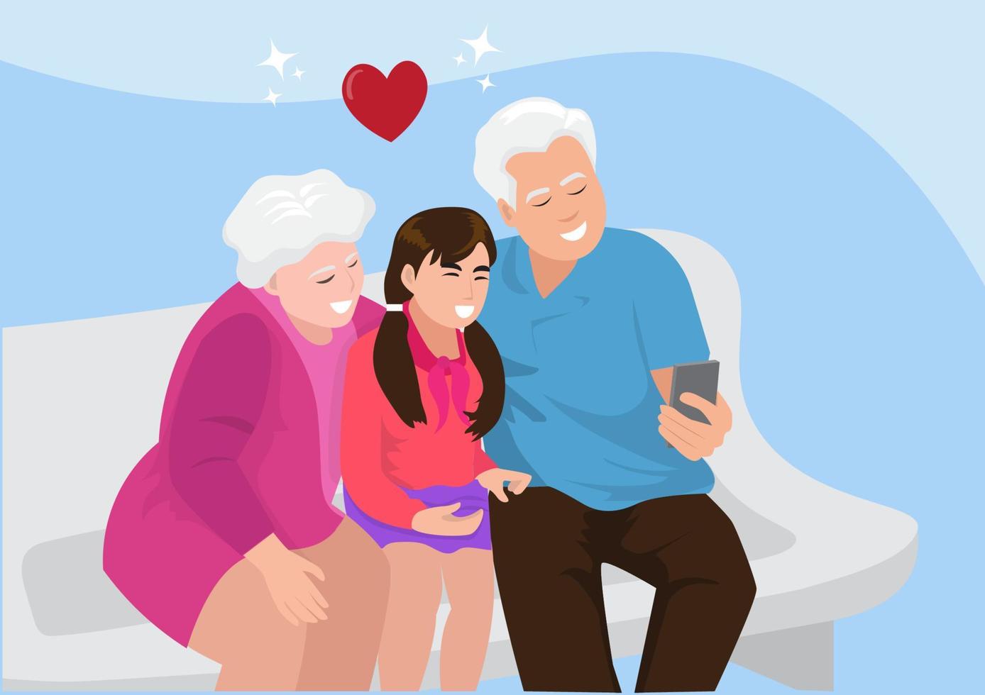 Grandparents taking pictures with granddaughter happily flat vector design illustration