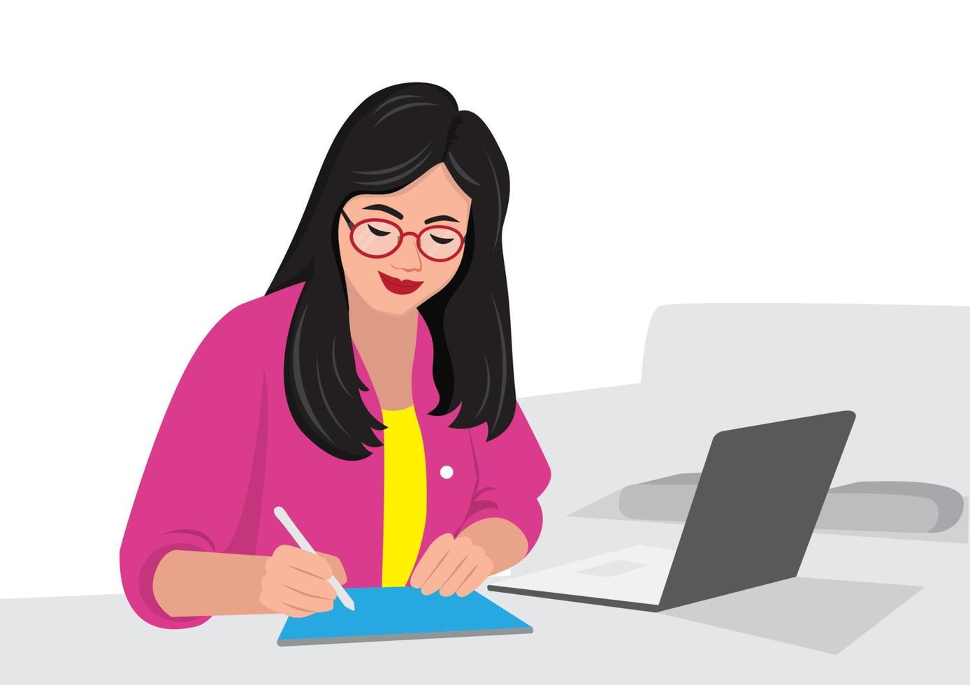 Vector illustration of a confident, stylish woman running a business using a laptop.