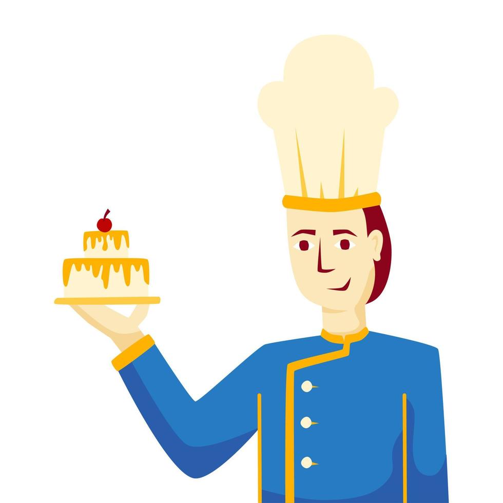 man as chef bakes a cake with cherry on top and strawberry jam or jelly as topping, flat vector element for food, bakery, and chef course promotion and marketing