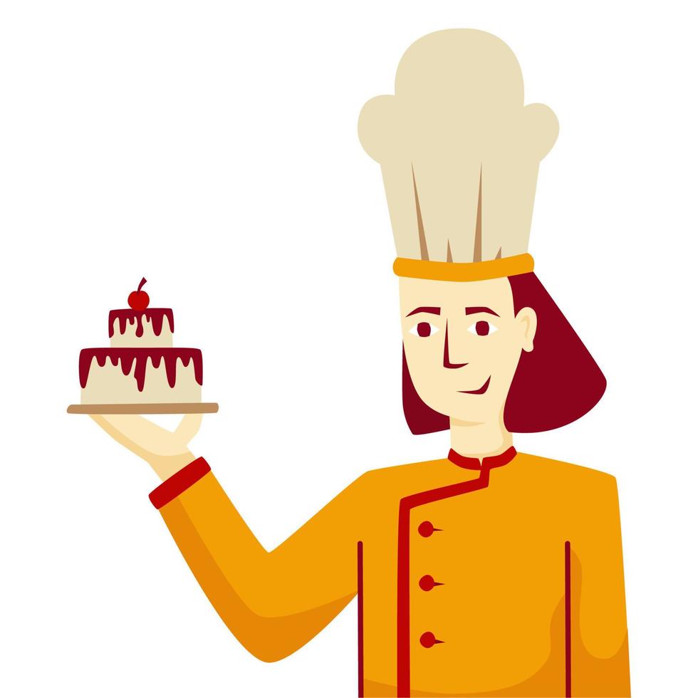 woman as chef bakes a cake with cherry on top and strawberry jam or jelly as topping, element for food, bakery, and chef course promotion and marketing vector