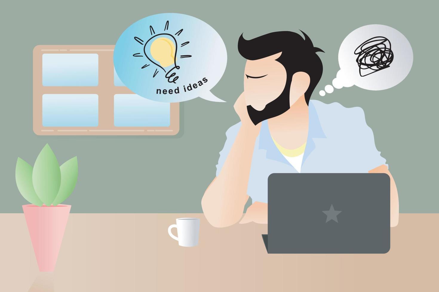 Dizzy businessman looking for ideas in front of his laptop vector