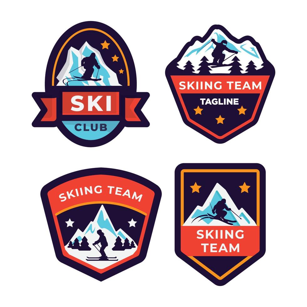 conjunto de patrulla de esquí, estación de esquí, insignias de montaña de hielo y parches de logotipo. logotipo de deportes extremos de vacaciones de invierno. vector