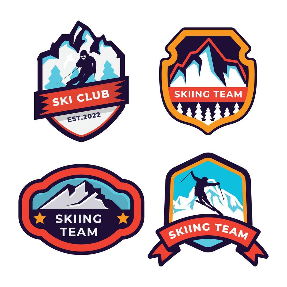 conjunto de patrulla de esquí, estación de esquí, insignias de montaña de hielo y parches de logotipo. logotipo de deportes extremos de vacaciones de invierno. vector