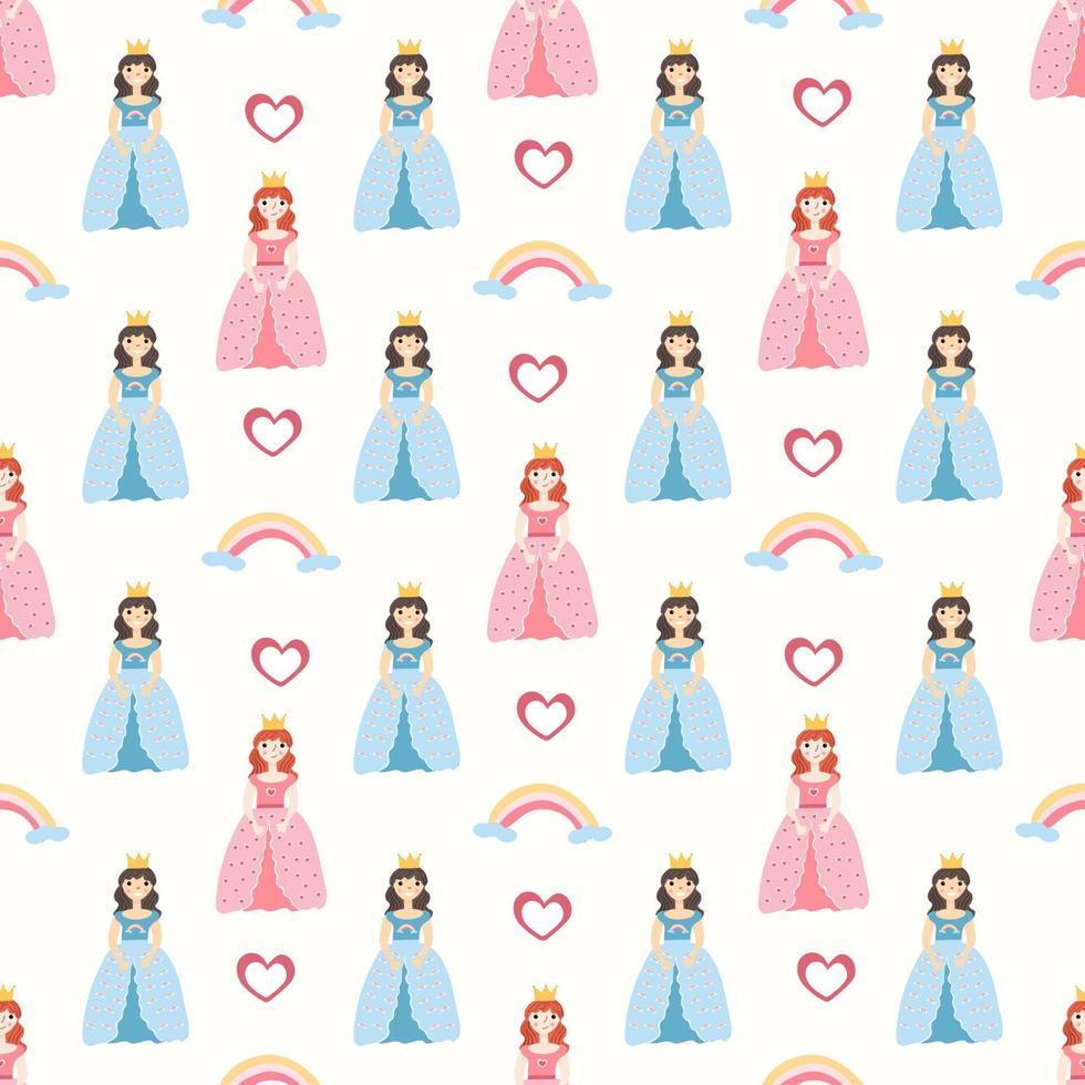 A pattern of princesses, rainbows and hearts vector