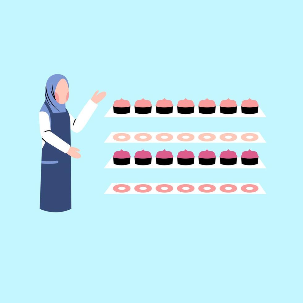 mujer hijab vendiendo postre vector