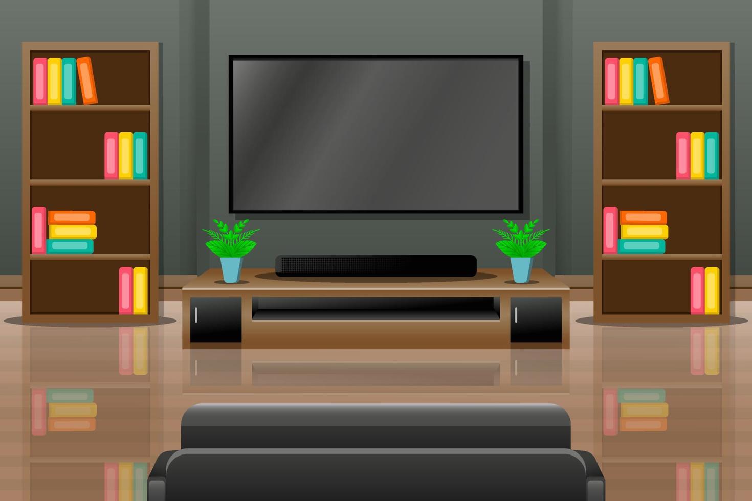 living room interior with television, tables, rack, and sofa vector