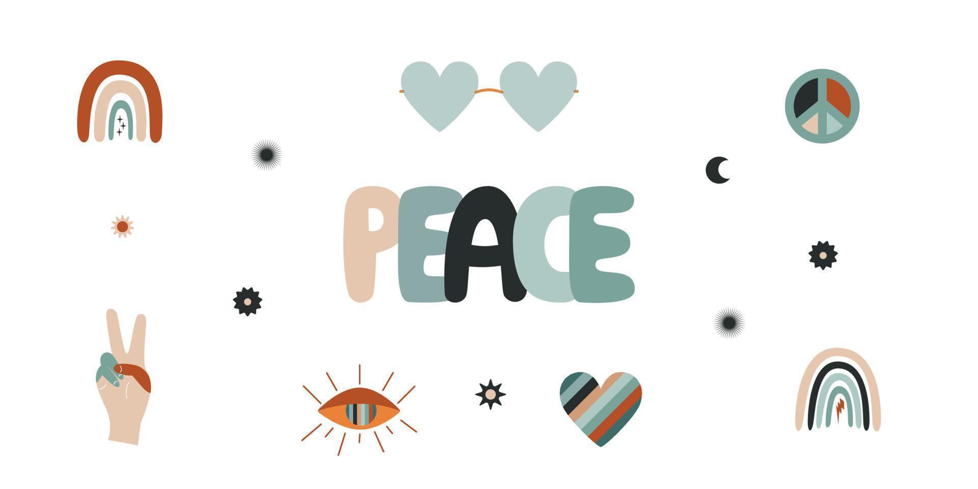 Flat vector hippy boho illustration. Hand drawn retro groovy elements and peace lettering