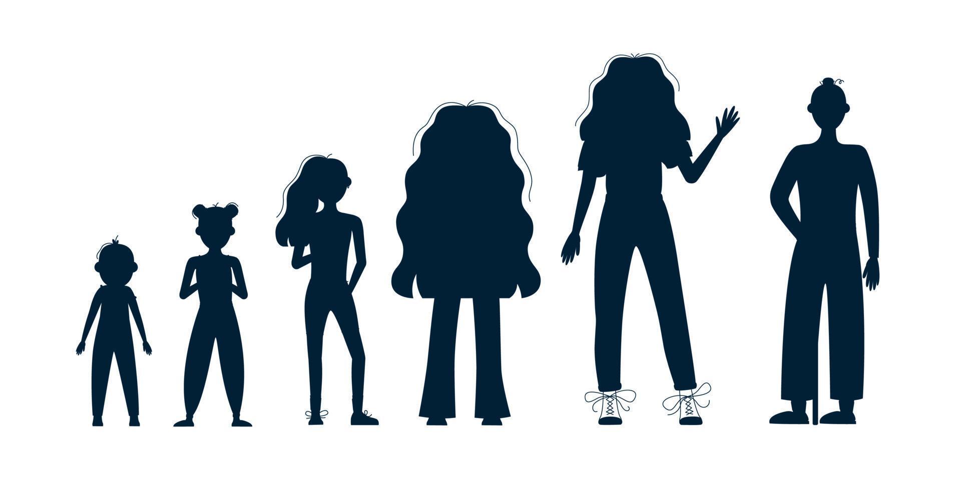 Female character growth stages, aging process vector silhouette set. Baby, teenager, adult and elderly person development.