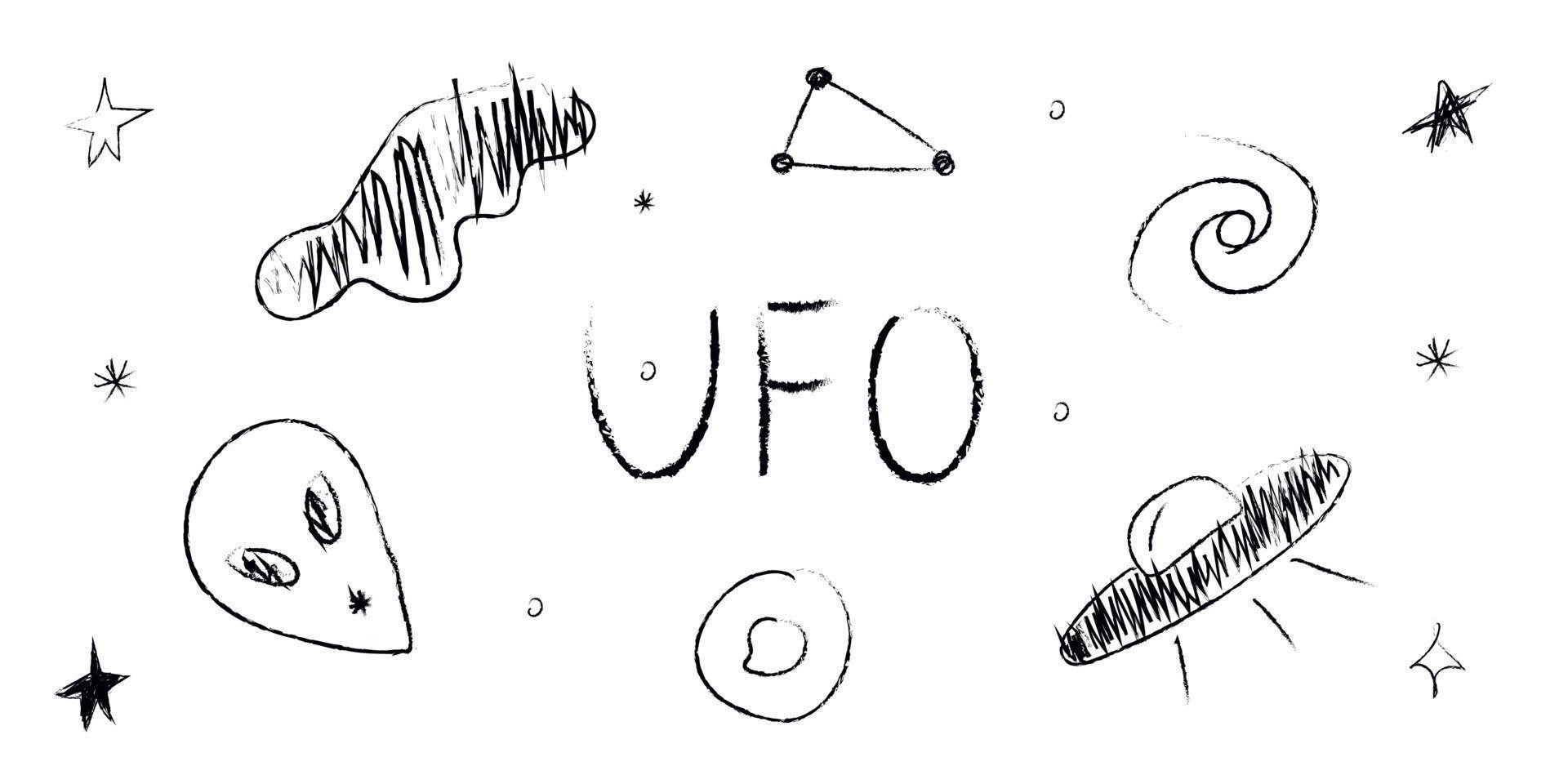 Doodle cosmos illustration set in childish style, design clipart. Hand drawn abstract space elements with lettering. Black and white. vector