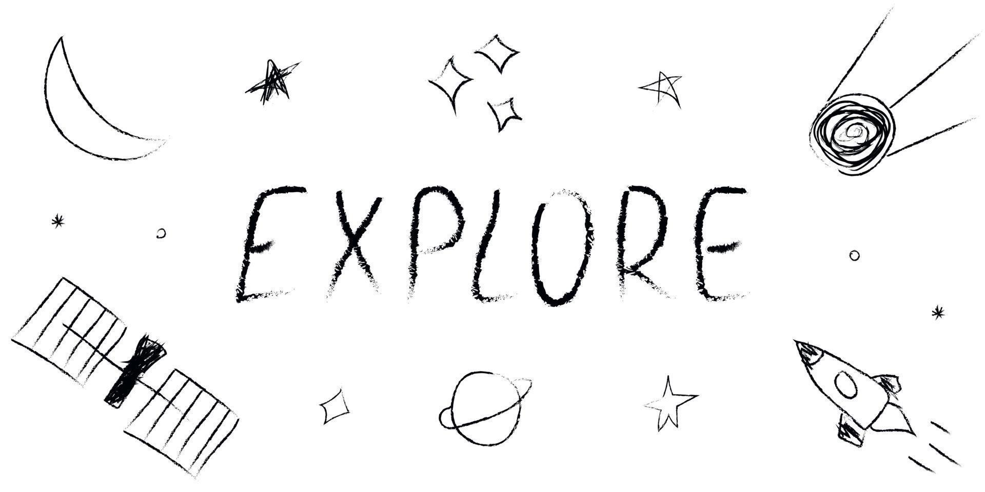 Doodle cosmos illustration set in childish style, design clipart. Hand drawn abstract space elements with lettering. Black and white. vector