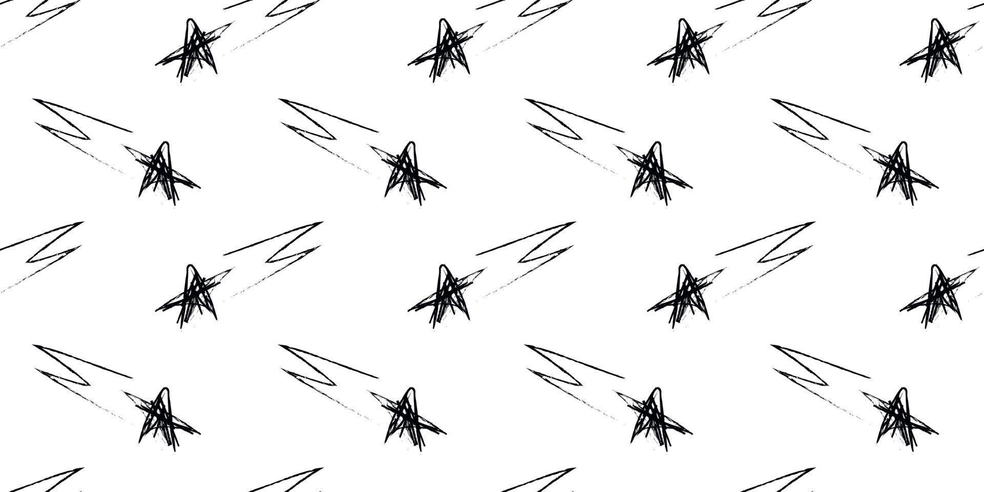 Doodle cosmic seamless pattern in childish style. Hand drawn abstract shooting stars. Black and white vector