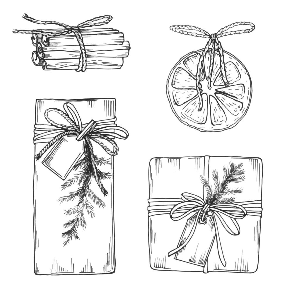 Set of Christmas Gift boxes in craft paper with nature decor, spruce twig, cinnamon stick, orange with ribbon. vector