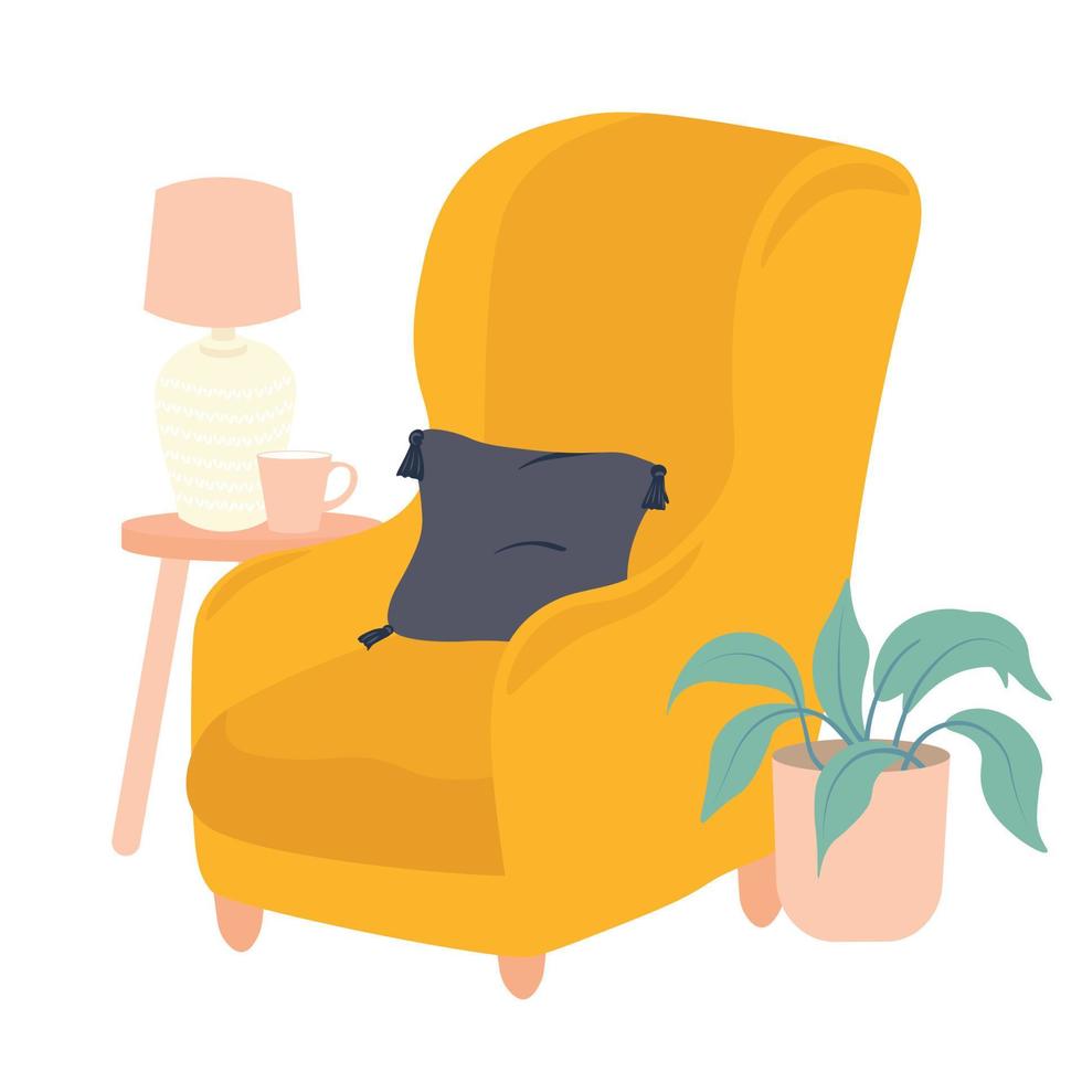Modern armchair with decorative pillow. Cozy modern comfortable furniture in hygge style. Vector stock illustration. Isolated on a white background.