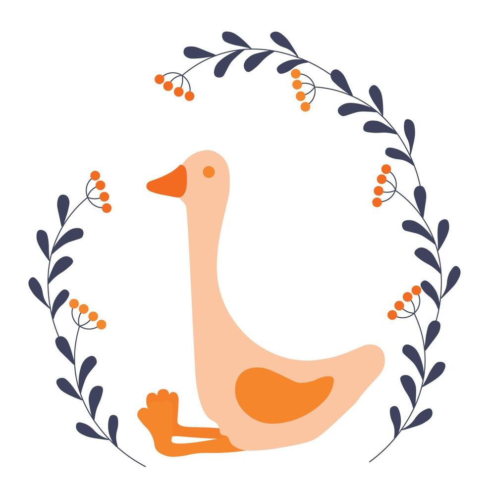 Goose, round frame of berries and flowers. Vector stock illustration of a baby poster with a chick. You can use it to print  the decor of the childrens room.