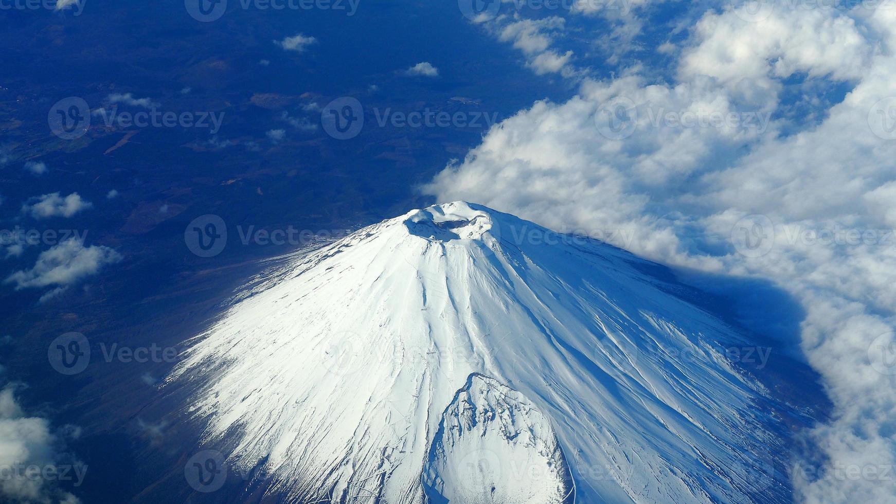 Top view angle of Mt. Fuji mountain and white snow photo