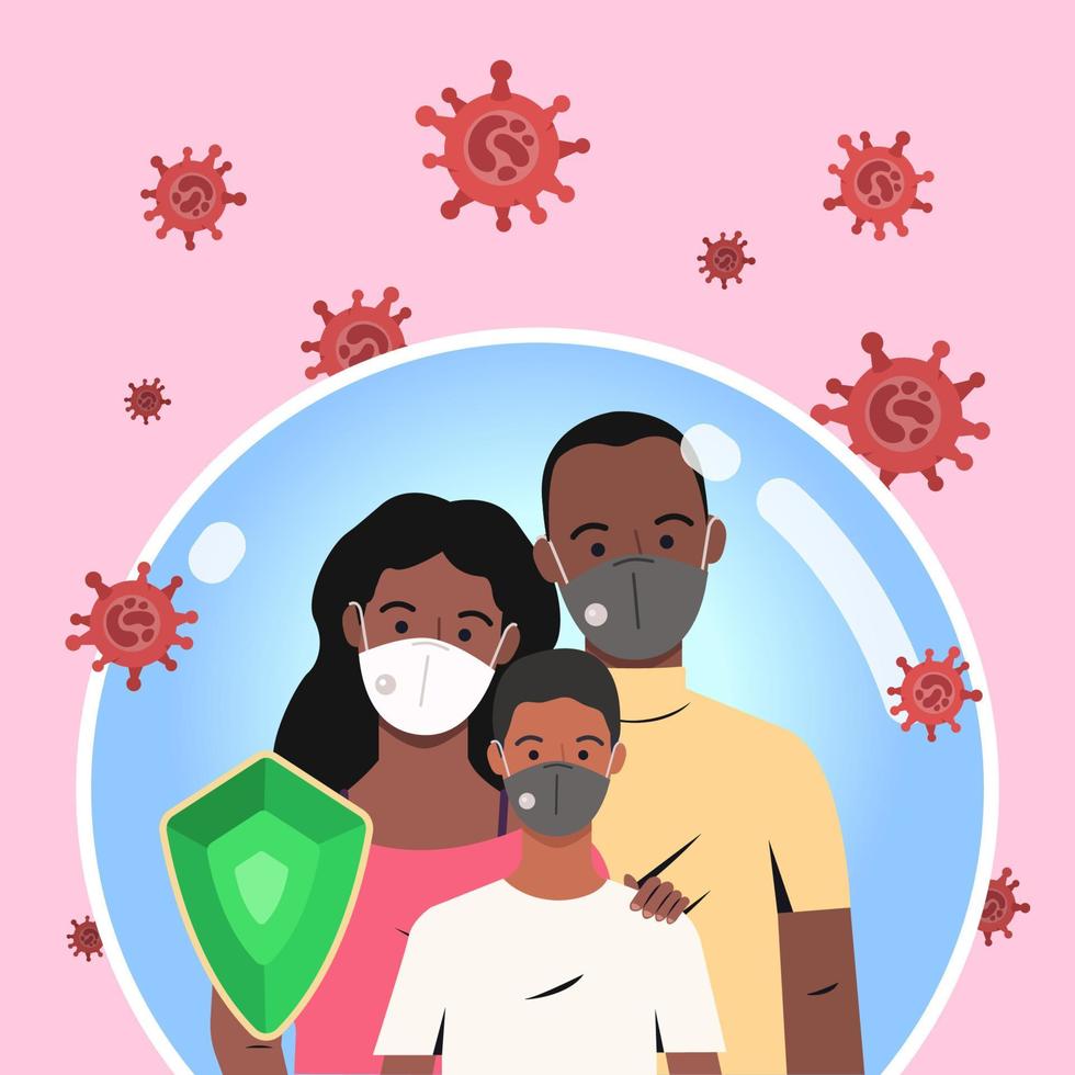 familia que usa máscaras médicas para prevenir el coronavirus, la enfermedad covid-19, la gripe, la contaminación del aire, el aire contaminado y la contaminación mundial. ilustración de banner vectorial en un estilo plano vector