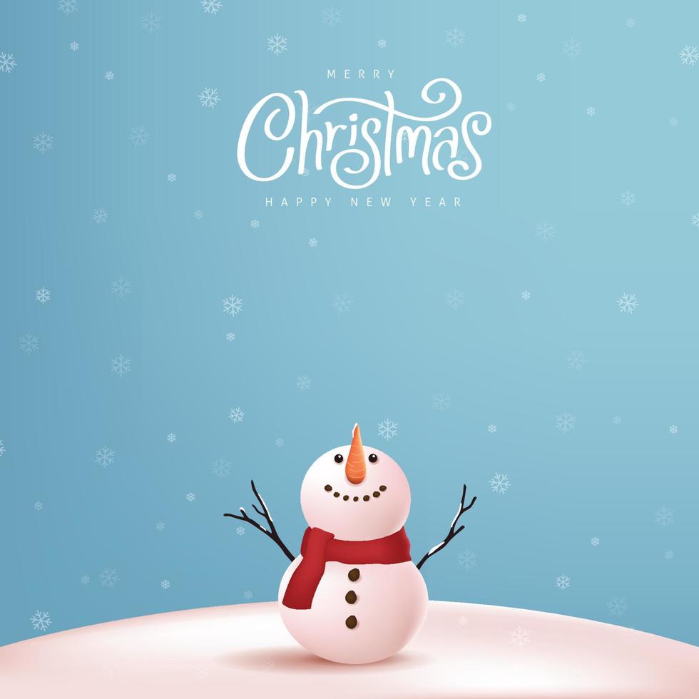 Christmas and happy new year greeting card with copy-space and Cute snowman standing in winter christmas landscape snow falling vector