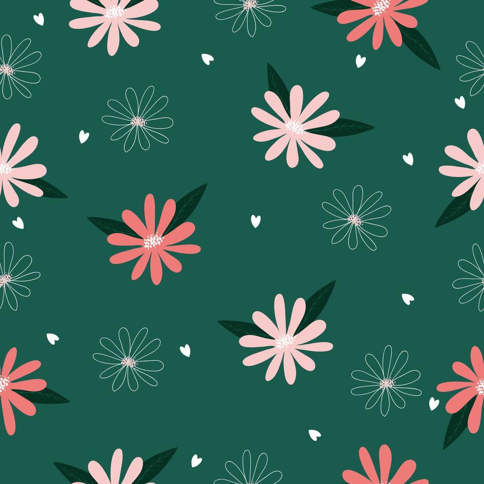 Seamless hand drawn pastel floral pattern on green background vector