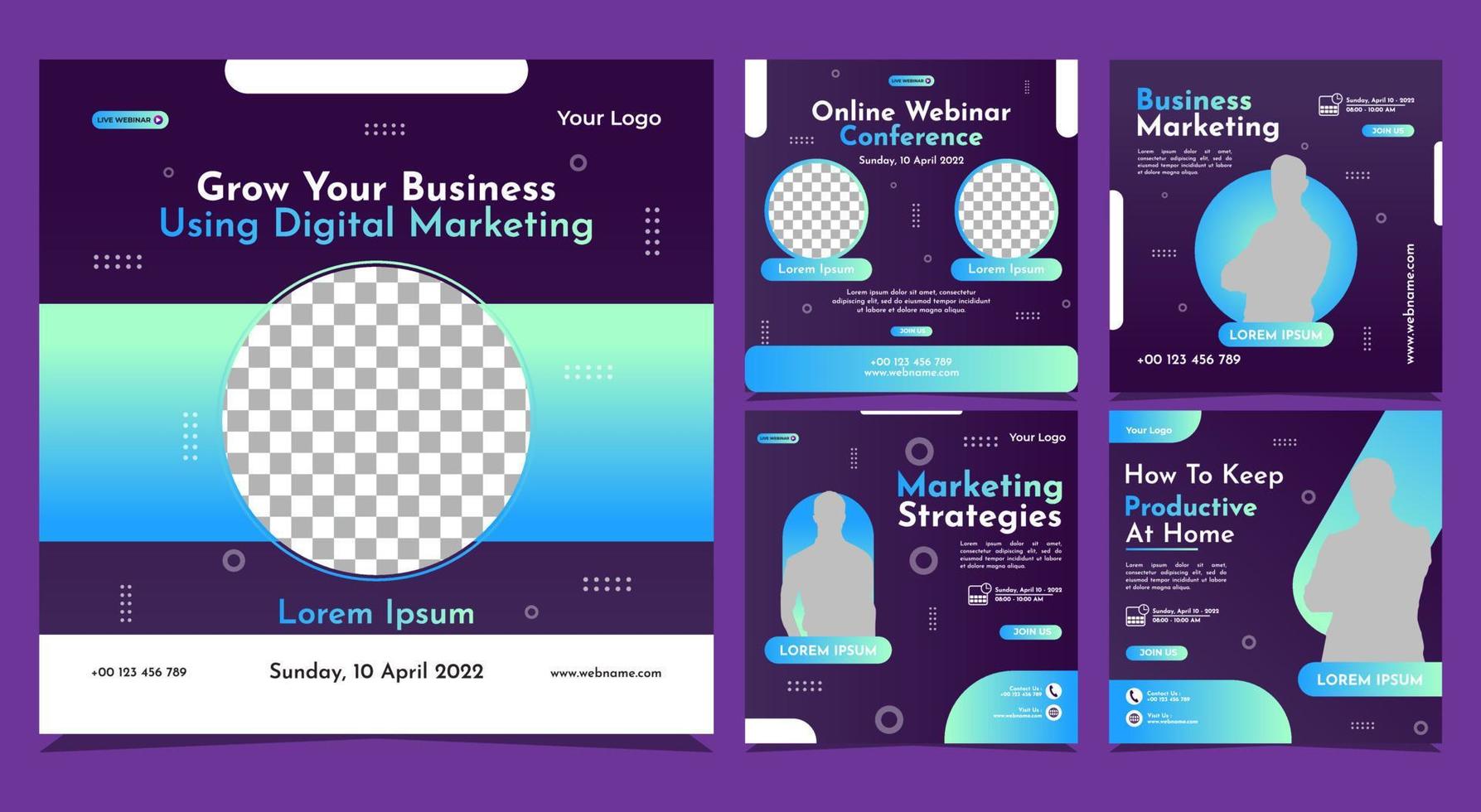 Collection of social media post banner templates. Perfect for business webinars, marketing webinars, online class programs, etc. vector