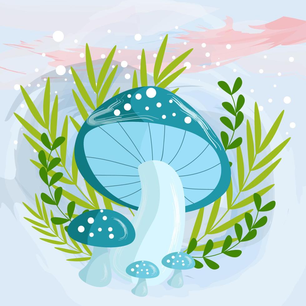 mushroom character on leaf and flower plant background vector