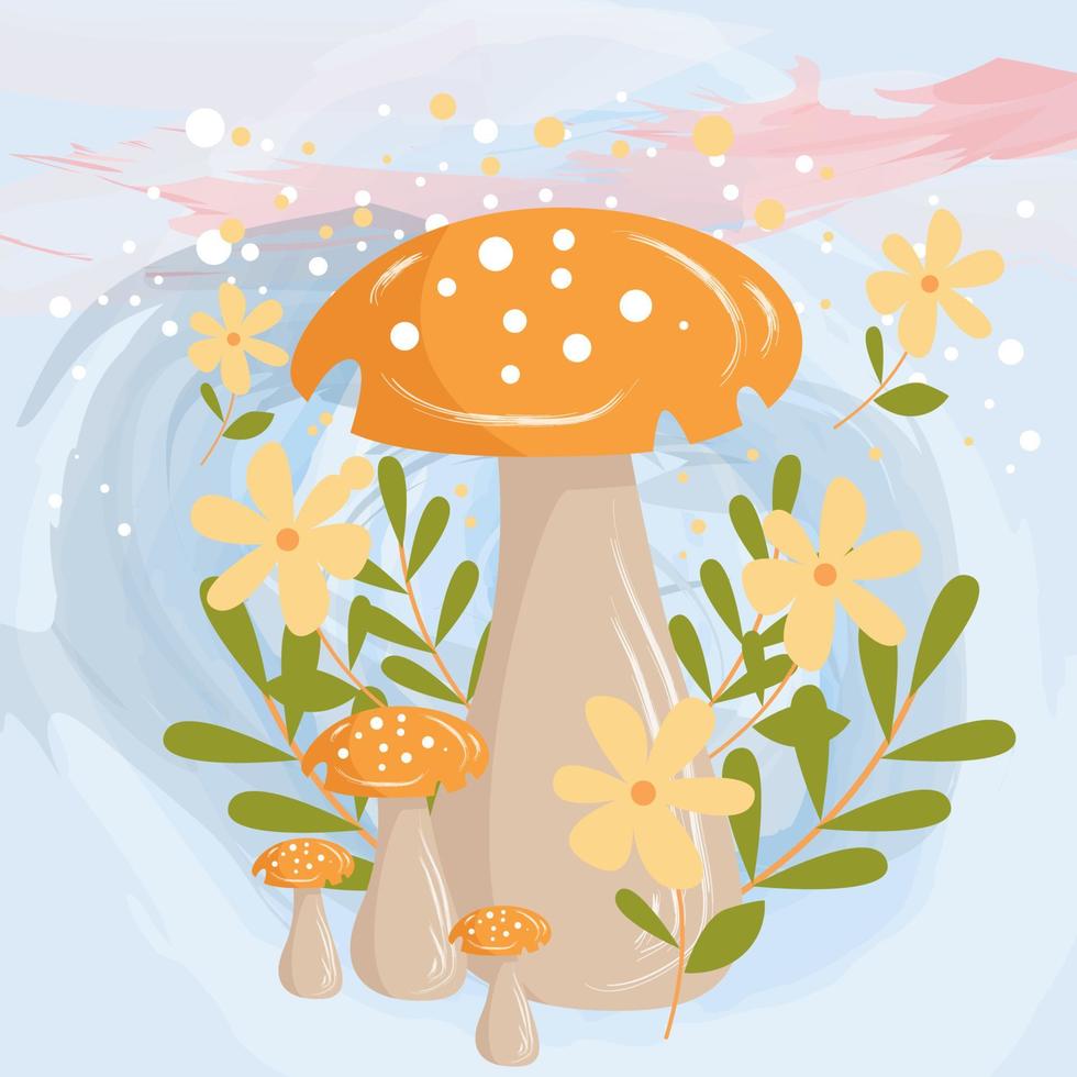 mushroom character on leaf and flower plant background vector